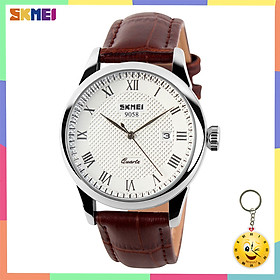 Đồng Hồ Nam Dây Da Thời Trang Chính Hãng SKMEI 9058 Chống Nước 5ATM - Rửa Tay, Đi Mưa, Bơi Lội Thoải Mái - Tặng Kèm Móc Khóa Đồng Hồ Như Hình Siêu Dễ Thương