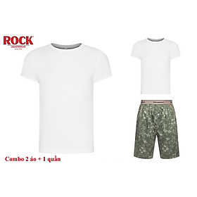 Combo 2 áo thun không đường may vải rip cotton 100% ROCK 5076 + 1 quần Short nam 5047 mạnh mẽ cá tính mặc nhà, tập gym