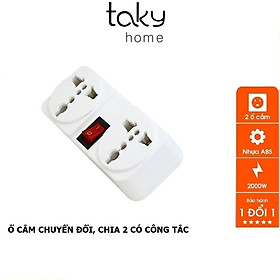 Phích Cắm Chia 2 Ổ Cắm Kèm Công Tắc, Chuyển Từ 1 Ổ Sang 2 Ổ 3 Chấu, Công Suất 2000W, ABS chống cháy - TakyHome 8606