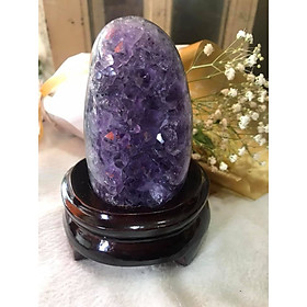 MIẾNG ĐÁ THẠCH ANH TÍM NHỎ XINH ĐÁ TỰ NHIÊN HÚT TÀI MÀU TÍM ĐẬM ĐẸP ĐẾ GỖ SIZE Cao 14cm x Ngang 9cm x Sâu 7cm Đặt Bàn Làm Việc Bàn Thờ THẦN TÀI May Mắn