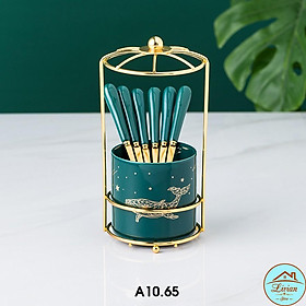 Lọ sứ đựng thìa dĩa, lọ đựng dĩa sứ xanh cổ vịt kèm 6 dĩa - giá mạ vàng sang trọng