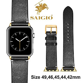 Dây Đeo Apple Watch 49mm 46mm 45mm 44mm 42mm, Chất Liệu Da Bò Cao Cấp, Phong Cách Vintage Hoài Cổ, Tương Thích Các Phiên Bản Series Ultra2/Ultra/SE2/SE/10/9/8/7/6/5/4/3/2/1 - Đen + Adapter Vàng/khóa vàng
