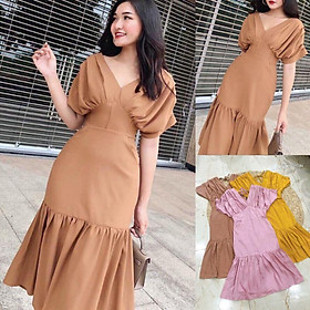 Đầm xòe cổ V tay xếp lý kiểu lai bèo cột nơ lưng HÀNG THIẾT KẾ