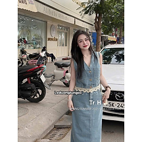 Set Váy Jean Dài Phối Áo Sát Nách Kèm Ren Nữ