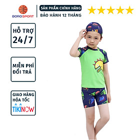 Bộ Đồ Bơi Khủng Long Xanh Lá Dành Cho Bé Trai CaoTừ 85cm - 125cm chất vải Polyeste thân thiện với trẻ em, mau khô, thấm hút mồ hôi tốt, thiết kế thời trang bắt mắt - Tặng kèm nón bơi vải cùng màu