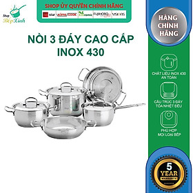 Bộ nồi inox FIVESTAR 5 chiếc 3 đáy bếp từ nắp inox ( 1 quánh 18cm x 1 N20cm , 1bộ nồi xửng 24cm, 1 chảo caro 24cm )