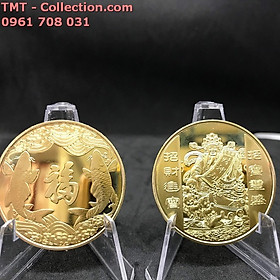 Móc Khóa - Dây Treo - Đồng Xu Thần Tài Mạ Vàng Cá Chép, đường kính: 4cm