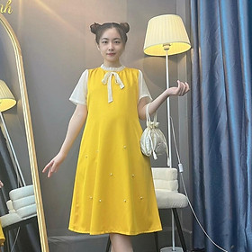 Đầm bầu cổ bèo thắt nơ đính hạt phom suông dễ thương gon dáng, mặc đi làm đi chơi - Vàng