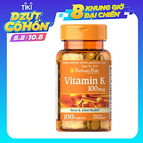 Viên uống đẹp da, hỗ trợ đông máu và chắc xương Vitamin K 100mg Puritan's Pride loại 100 viên