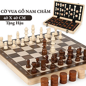 Bộ cờ vua gỗ nam châm cao cấp 40x40 Cm gấp gọn có nệm lót tặng 2 Hậu túi đựng cờ 24 quân cờ Đam 