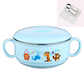 Mua Bát ăn bột  mì  cháo hoạt hình Lõi bằng INOX giữ nhiệt có nắp đậy và quai cầm (Kèm Thìa + Nĩa)