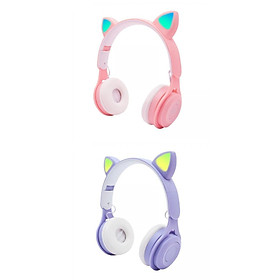 2Sets Cat Ear LED Light Up Wireless Foldable Headphones Over Ear with Mic