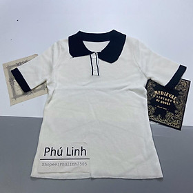 MS673 Áo polo nữ len dệt kim cổ bẻ phối màu 2 cúc