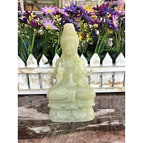 Tượng Phật Bà Quan Thế Âm Bồ Tát ngồi đài sen cầu bình an đá ngọc Onyx đặt bàn làm việc, taplo xe ô tô - Cao 15 cm
