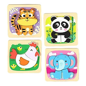 4Pcs Wooden Animal Puzzles with animals Patterns for 2 3+ Year Old Baby