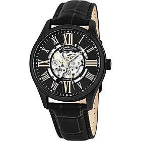 Stuhrling Original Mens Stainless Steel Automatic Watch, Black Skeleton Dial, Leather Band, Gold Numerals and Hands, 747 Series