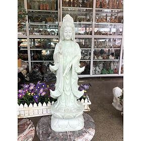 Tượng Phật Bà Quan Thế Âm Bồ Tát đứng đài sen cầu bình an đá cẩm thạch trắng xanh - Cao 60 cm