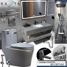 Mua Combo Thiết Bị Nhà Tắm Cao Cấp KAZTA KZ-CBT16X: Bồn Cầu 1 Khối Viền Vàng-Sen Tắm Nóng Lạnh-Gương LED-Lavabo Âm Bàn-Vòi Xịt Vệ Sinh