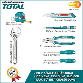 Bộ dụng cụ 7 món gồm thước, dao, kềm, tua vít, mỏ lếch, bút thử điện TOTAL THKTHP90076 - Đa năng, 7in1, làm từ thép chuyên đụng CR-V