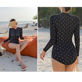 Monokini đồ bơi liền tay dài chấm bi trắng kéo khoá ngực