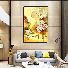 Tranh đơn canvas treo tường Decor Họa tiết hoa sen tông vàng kim - DC159