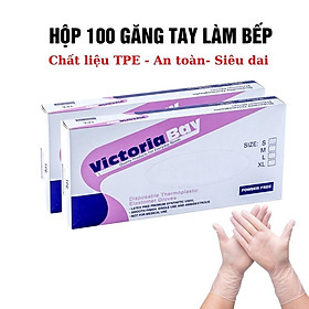 Hộp 100 găng tay Victoria Bay chất liệu TPE, Bao tay cao su rửa bát làm bếp vệ sinh siêu dai không mùi không bột cao cấp