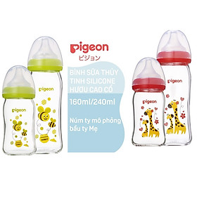 Bình sữa thủy tinh Pigeon CR 160ml 240ml họa tiết con ong, con hưu