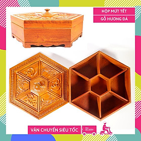 Mua Hộp mứt Tết gỗ hương lục giác Phúc Lộc Thọ 6 ngăn vẽ cảnh phong thủy cao cấp - Cao 10cm Rộng 32cm