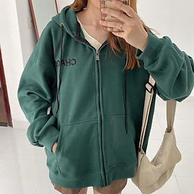 Áo khoác hoodie zip XÁM form rộng nam nữ vải nỉ lót bông thêu chữ CHAOS