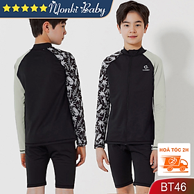 Đồ bơi bé trai size lớn, mẫu dài tay chống nắng có khóa kéo tiện lợi, chất thun bơi lạnh dầy dặn, co giãn 4 chiều, tặng kèm mũ bơi | BT46