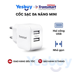 Mua Cốc sạc 2 cổng mini siêu nhỏ gọn Tronsmart W02 công nghệ VoliQ 12W  đầu ra 2.4A cho iPhone 12/ 12 Pro/ 12 Pro Max iPhone 11/ 11 Pro/ 11 Pro Max  iPhone Xs / Xs Max / XR  iPad Pro  Samsung S10  LG  máy tính bảng  máy ảnh - Hàng Chính Hãng