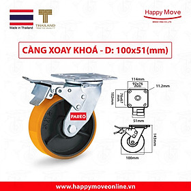 Bánh xe tải nặng PU càng xoay có khóa 100-125-150-200mm - Happy Move Thái Lan
