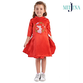 Bộ Áo Dài Bé Gái Vải SATIN Lụa Thêu Thỏ - 11-34 kg MEEJENA -1874 - Đỏ - 10 ( 22-26 kg )