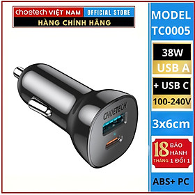 Tẩu sạc nhanh trên ô tô 38W 2 cổng USB A+ Type C Choetech TC0005 (Hàng chính hãng)