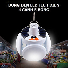 Bóng Đèn led tích điện năng lượng mặt trời 4 cánh 5 bóng hình trái banh, ánh sáng trắng, trang trí cây sân vườn, đèn dự phòng lúc cúp điện, đi chơi, cắm trại, picnic