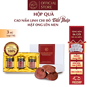 [Hộp quà]Trà Cao mật ong lên men Nấm Linh Chi đỏ Đất Thép nguyên chất 3 hũ 75g x 3 - Giải độc gan - Ổn định đường huyết - Tăng sức đề kháng