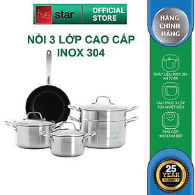 Bộ nồi chảo 3 lớp đáy liền inox 304 cao cấp Fivestar Plus dùng được mọi bếp , bảo hành 25 năm