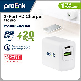 Sạc nhanh PROLINK 20W 2 cổng USB – Type C PD QC3.0 - PTC21801 – Phù hợp dùng cho iphone 12 Pro Max 2020 iphone 11 XS XR X 8 iPad Pro 2018/2019 Huawei P40 Samsung Note 10+ S20 - Hàng chính hãng