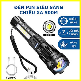 Mua Đèn pin cầm tay siêu sáng chiếu xa 500m có Zoom xa gần  chip Led XHP50 tâm tròn  pin trấu  7 chế độ sáng  chống nước IPX6