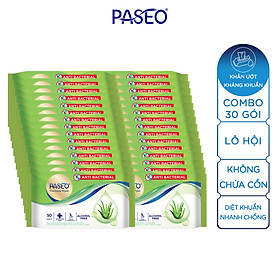 Combo 30 gói Khăn ướt kháng khuẩn Paseo 50 tờ chiết xuất Lô Hội