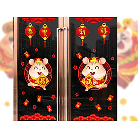 Decal trang trí tết-chuột lồng đèn treo cửa