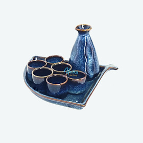 Bộ sake - Set sake bình vuốt men xanh hỏa biến - Gốm sứ cao cấp Bát Tràng