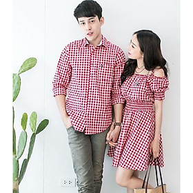 Set Áo váy đôi sơ mi CoupleTina caro đỏ mềm mịn chụp ảnh cưới đẹp
