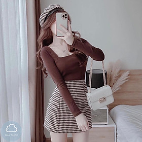 Set áo thun cổ vuông phối chân váy dạ, Set dạ thu đông- December Fashion