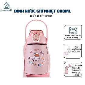 Bình Nước Giữ Nhiệt Cute 800ml Chất Liệu Inox 304 Giữ Nhiệt Không Gỉ Nóng Lạnh 24 Giờ Kèm Ống Hút Và Sticker - Hàng Loại 1 - Chính Hãng MINIIN