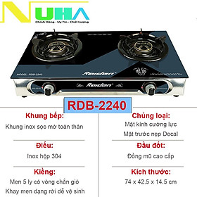 Bếp ga đôi kiếng cường lực Raiden RDB2240, đầu đốt đồng mũ coa cấp, kiềng men 5 ly-Hàng chính hãng