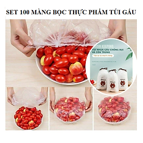 Set 100 màng bọc thực phẩm túi gấu  Màng bọc thực phẩm PE có chun bọc đồ ăn co giãn tái sử dụng nhiều lần 