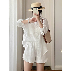 Bộ 2 món: 1 áo sơ mi dài tay và 1 quần short dành cho nữ, trẻ trung, năng động, hot trend