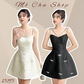 Đầm xòe chéo cổ đính đá kèm tag nơ