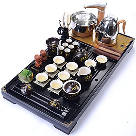 Mua Bàn trà điện thông minh giá rẻ mẫu gỗ sồi sơn PU đen - Gồm đầy đủ bàn  bộ bếp pha trà  cùng ấm chén - Chữ thư pháp